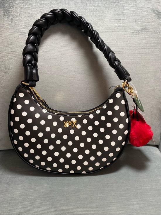 Betsey Johnson Handbags - Betsey Johnson Black & White Polka Dot Shoulder Bag with Red Pom